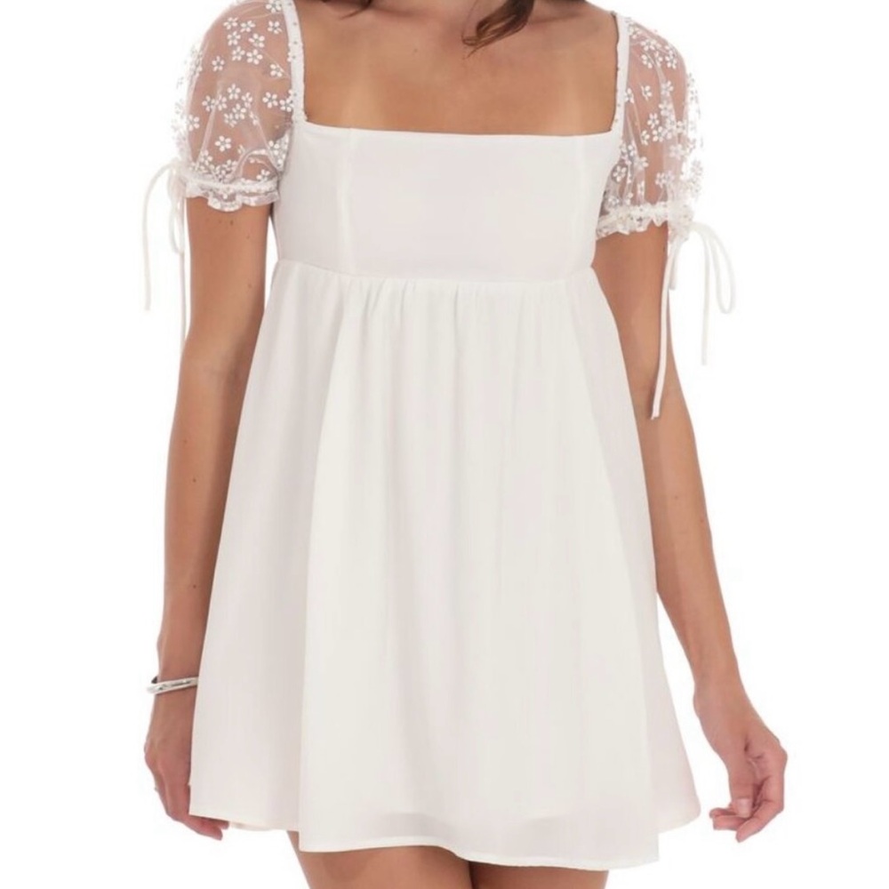 Lucy in the Sky White Babydoll Dress with Sheer Sleeves